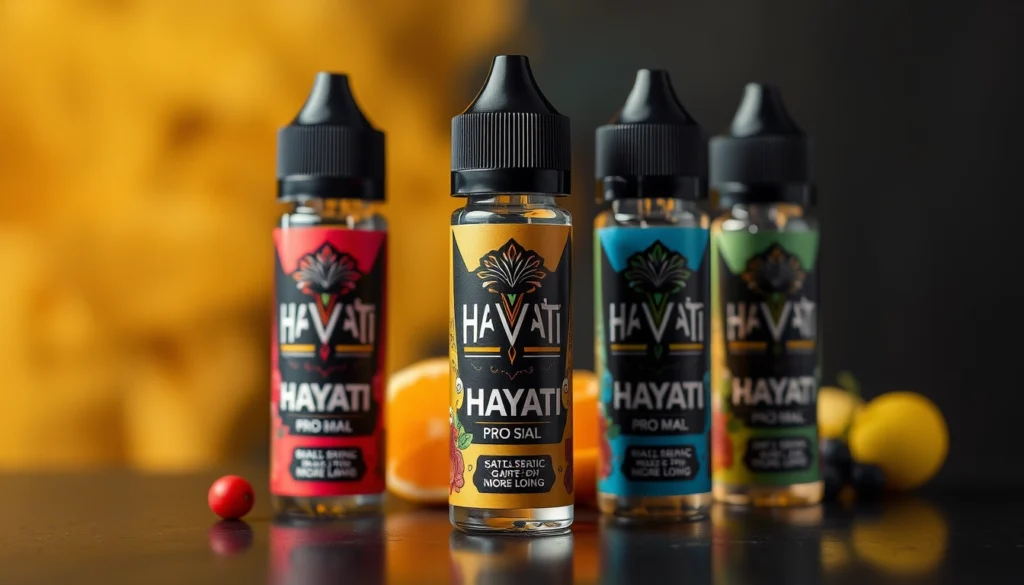 Vibrant display of Hayati Pro Max Nic Salt flavors and packaging, showcasing its premium vaping solutions with 10mg and 20mg nicotine strengths.